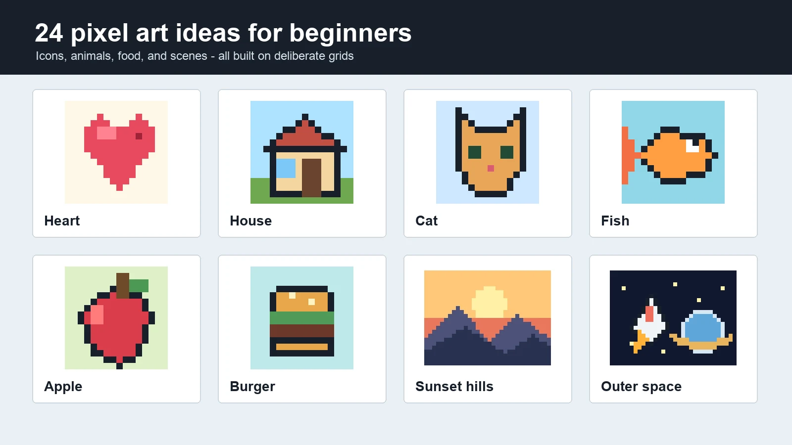 24 Pixel Art Ideas for Beginners: Icons, Animals, Food, and Scenes
