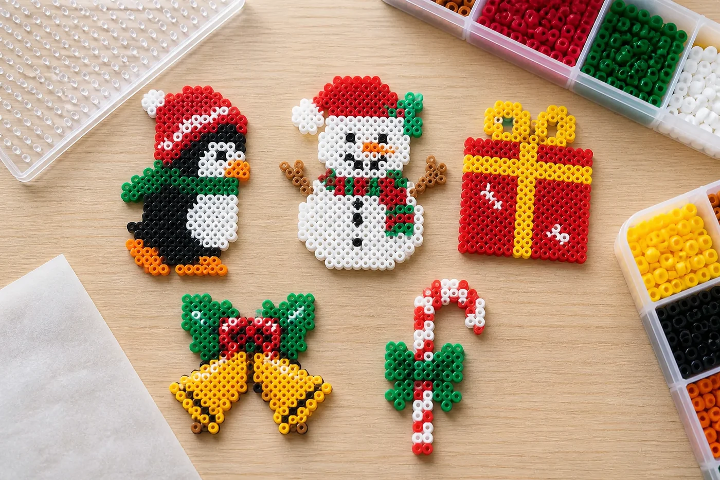 Small finished Christmas fuse-bead projects based on BeadsHub pattern previews