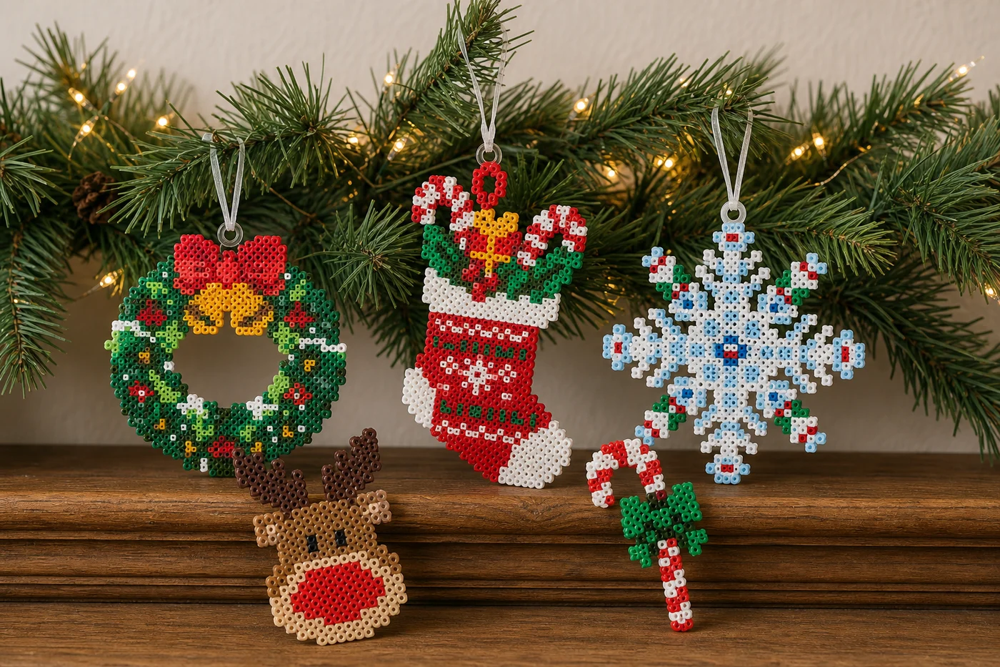 Christmas fuse-bead ornaments hanging on evergreen garland based on BeadsHub pattern previews