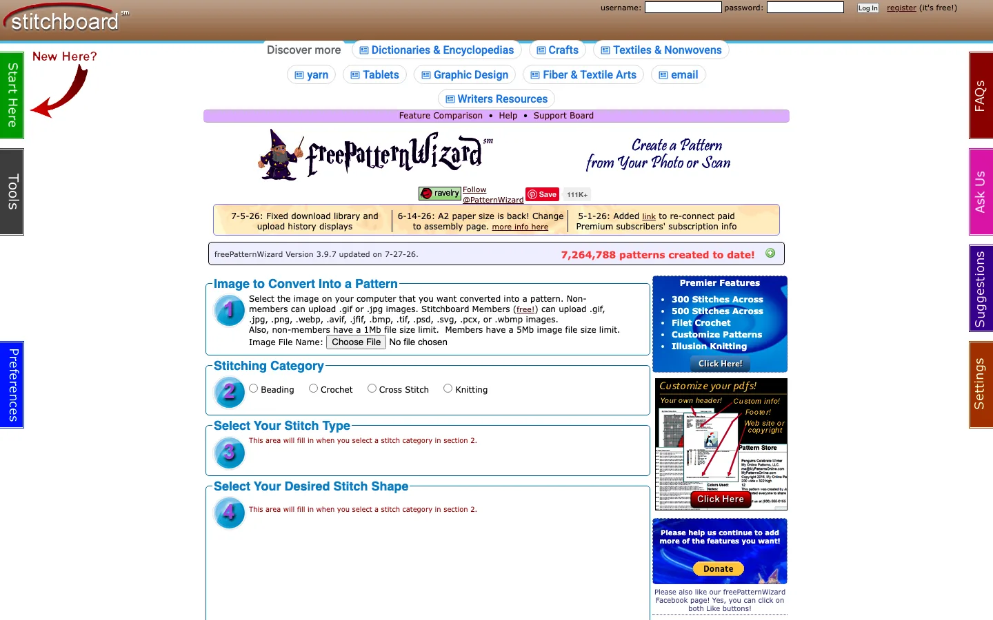 The current Stitchboard Free Pattern Wizard showing image upload, cross stitch selection, and its numbered configuration workflow