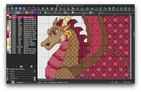A real WinStitch or MacStitch chart editor showing a dragon design, DMC list, symbols, layers, and stitch controls
