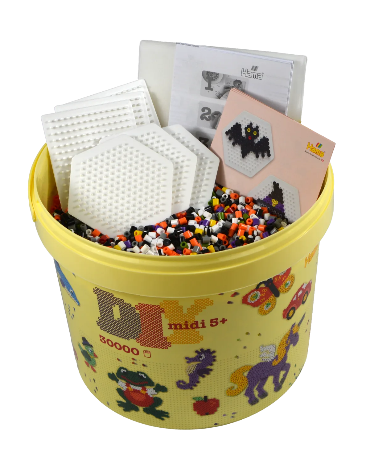 A real Hama Halloween bead kit contains square and hexagonal boards, a mixed bead palette, and official bat and witch-hat pattern imagery