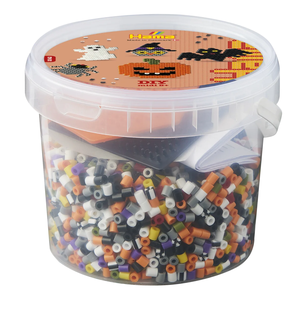 The real Hama Halloween tub shows a ghost, witch hat, bat, spider, and jack-o'-lantern on its official label