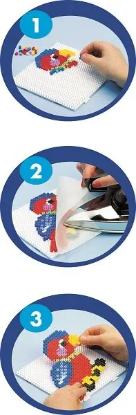 Official three-step Hama process showing bead placement, ironing through paper, and removal of the fused design