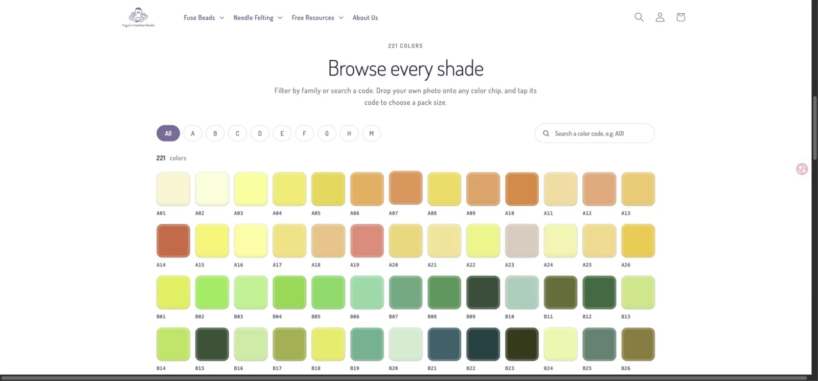 A current retailer's 221-color interface shows MARD families A through H and M with searchable color codes