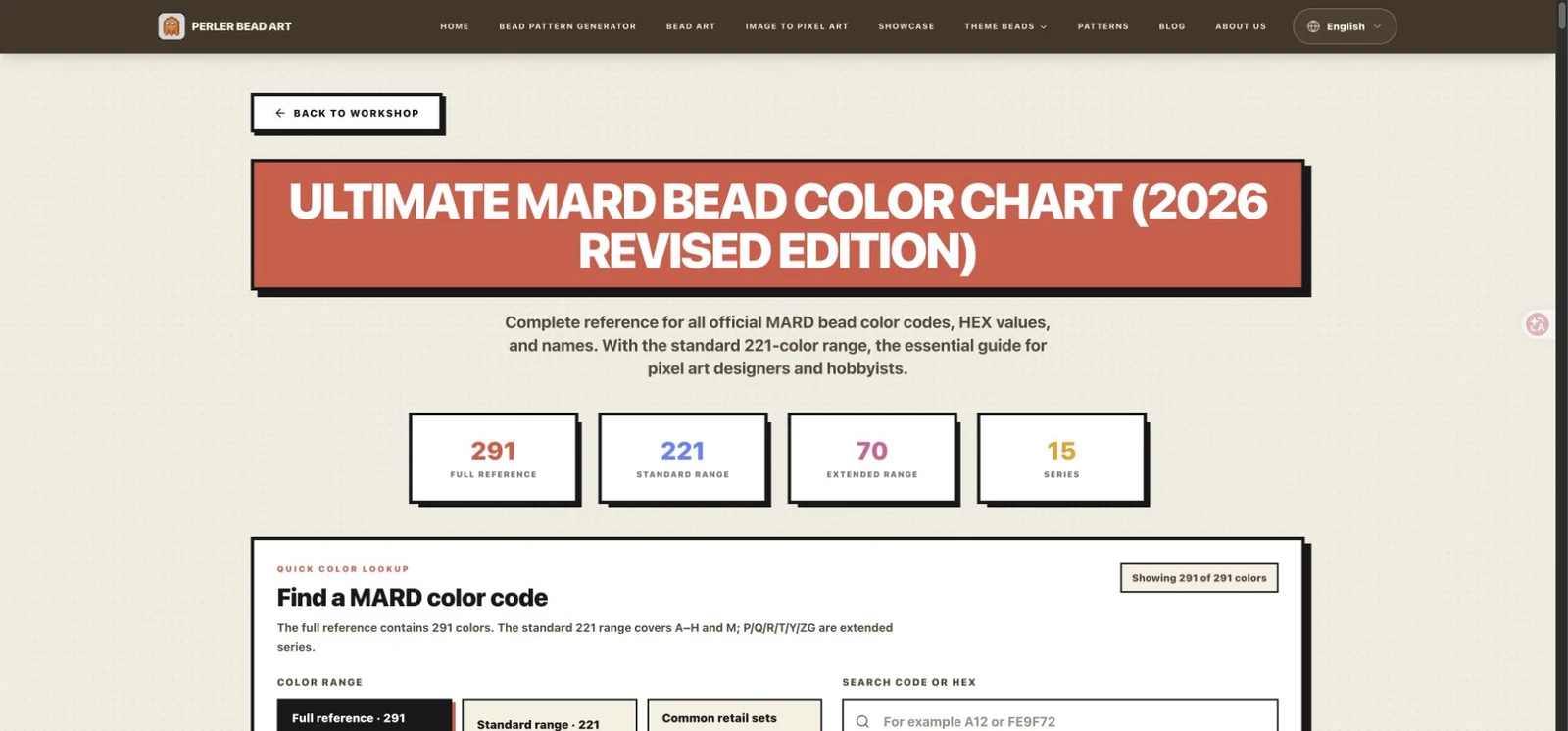 The current independent PixelBeads interface separates a 291-color full reference, a 221-color standard range, and 70 extended colors