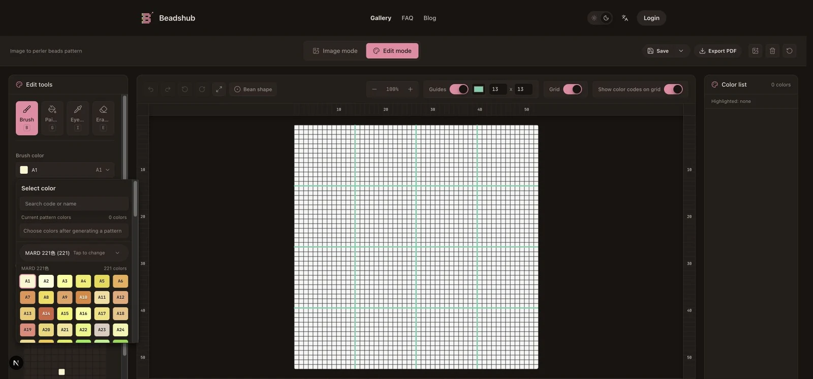 The live BeadsHub maker shows its MARD 221 palette, searchable color codes, blank grid, guides, and printable workflow