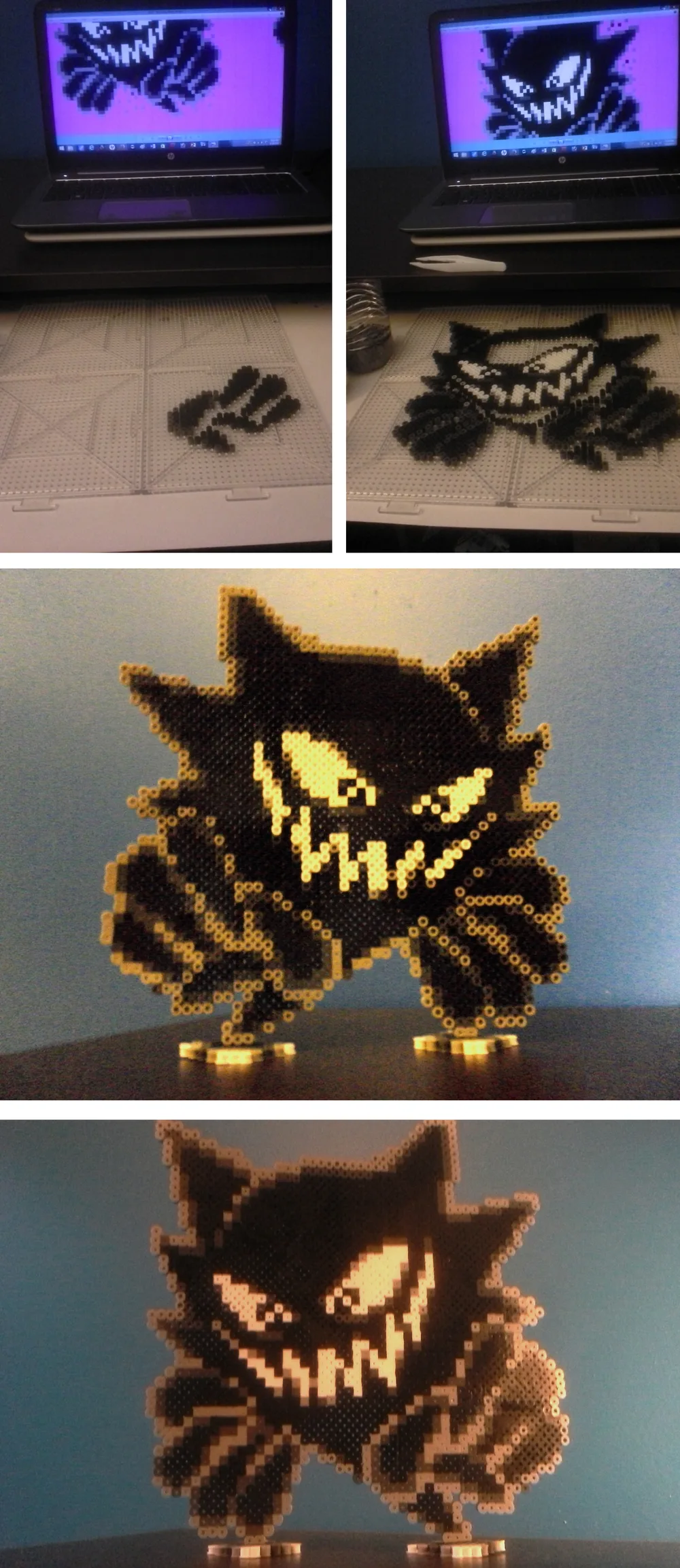 A real multi-stage Haunter Perler bead project, from early placement to two completed versions