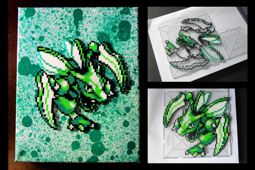 A real Scyther Perler bead project shown on connected boards and as a finished display piece